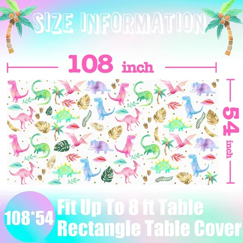 Vista 3 de Mantel para fiesta de cumpleaños de dinosaurios para niñas, funda desechable de plástico de dinosaurio rosa, suministros para fiesta de dinosaurios