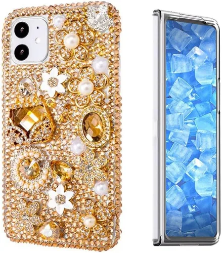 Vista 23 de Sparkle - Funda para teléfono compatible con Samsung Galaxy Z Fold 3 5G, elegante, hecha a mano en 3D, con diamantes de imitación, diseño