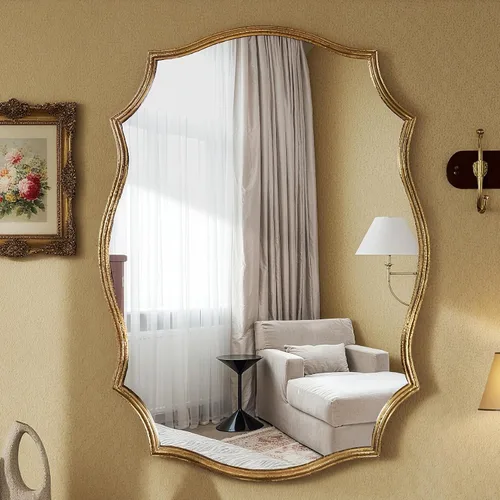 Vista 10 de SHYFOY Espejo de pared dorado antiguo, espejo decorativo asimétrico para decoración de pared, espejos ornamentados grandes irregulares para sala