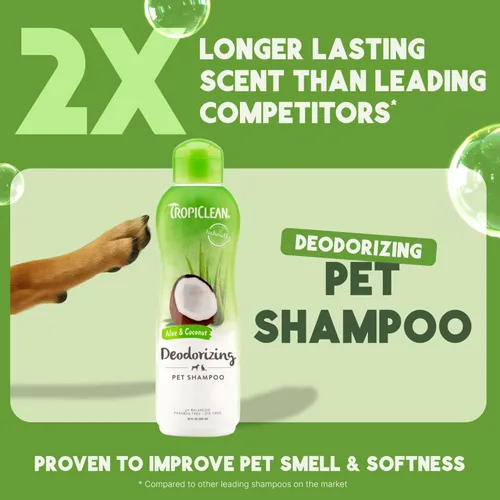 Vista 2 de TropiClean Champú desodorante para perros malolientes, potente control de olores, seguro para cachorros, fabricado en los Estados Unidos, aroma