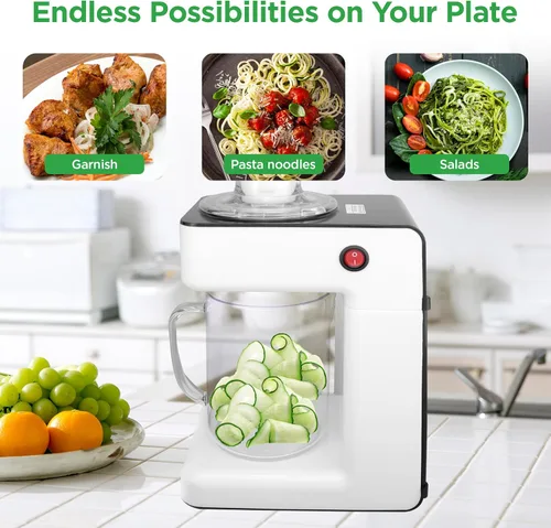 Vista 5 de NutriChef Picador eléctrico 3 en 1 de verduras, espiralizador y máquina de ensaladas, cortador de frutas, máquina trituradora en espiral, máquina