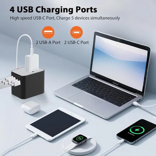 Vista 3 de Adaptador de viaje mundial con 5 puertos (1 AC/2 USB-A/2 USB-C), enchufe de alimentación universal, protección contra sobretensiones de fusibles