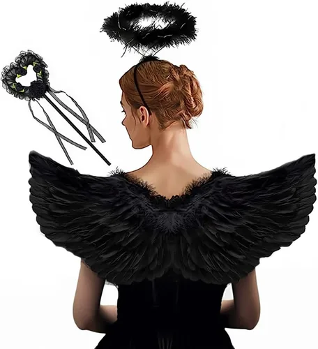 Vista 3 de Black Angel Wings Set,3PCS Halloween Angel Costume, Black Angel Accessories Set Halloween Angel Costume for Halloween Christmas Party (Black)