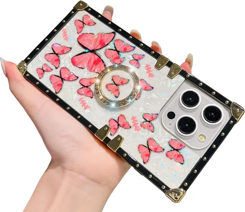 Vista 38 de Funda Rectangular de Lujo Femenina Compatible con iPhone 16 Pro Max Diseñada con Soporte de Anillo de Diamante con Función de Atril