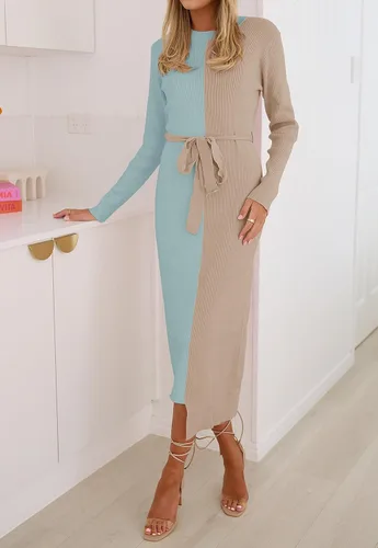 Vista 2 de ZESICA Vestido de punto acanalado para mujer, elegante vestido de manga larga con cuello redondo y lazo en la cintura ajustado ajustado