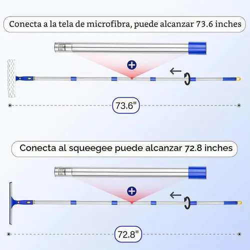 Vista 5 de ITTAR Escobilla de ventana con 2 juegos de postes de acero inoxidable, herramientas de limpieza de escobilla con almohadillas de microfibra, kit