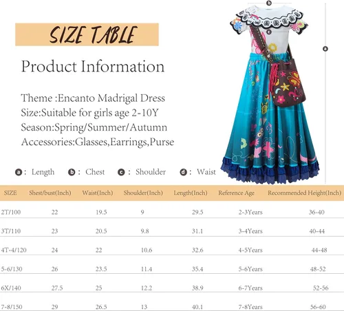 Vista 6 de knemmy Encanto Costume for Girl Mirabel Cosplay Outfit Princess Dress Halloween Christmas Party Dress Up Clothes