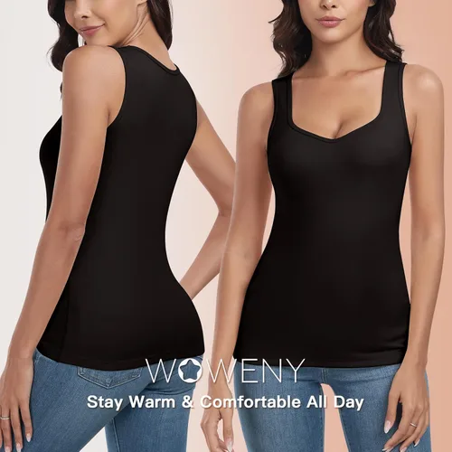 Vista 3 de WOWENY Camiseta sin mangas de forro polar térmico para mujer, sin mangas, cuello corazón, chaleco de invierno, ropa interior, camiseta cálida