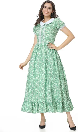 Vista 6 de GRAJTCIN Disfraz de mujer pionera, vestido de pradera colonial, manga corta, disfraz histórico de Halloween