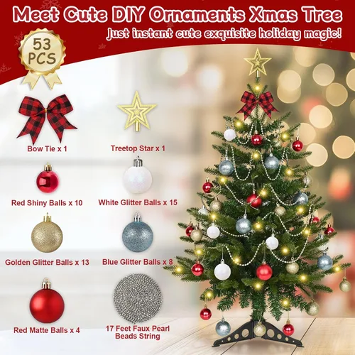 Vista 10 de Uspring Árbol de Navidad pequeño de 3 pies con luces, árbol de Navidad artificial de mesa con 50 luces LED y adornos colgantes de bricolaje, mini