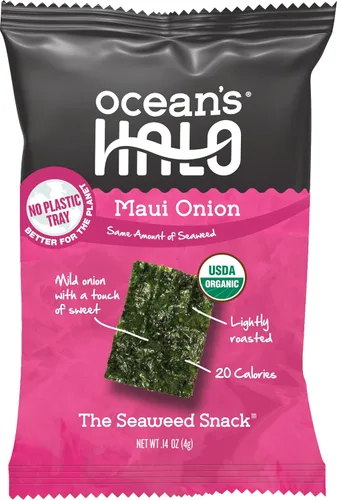 Vista 2 de Ocean's Halo Snacks de algas orgánicas – Cebolla Maui, sin bandeja, veganos, crujientes salados, paquete de 20 (0.14 onzas cada uno)
