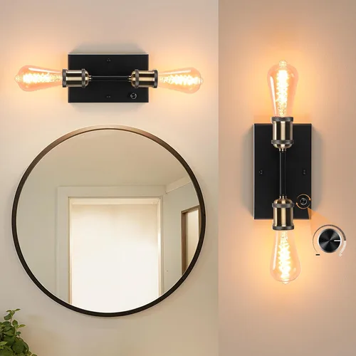 Vista 8 de Lightess - Aplique de pared industrial regulable negro con interruptor de encendido y apagado Dimmable On/Off Switch, Vintage Edison Style, Black