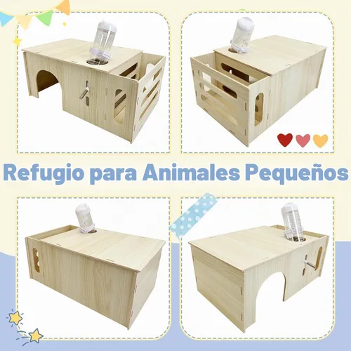 Vista 5 de Hamiledyi Escondite de conejillo de indias con alimentador de heno y botella de agua, casa de chinchilla de madera natural, castillo de conejo