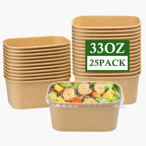 Vista 10 de Paquete de 25 cuencos de papel de 19 onzas, recipientes desechables con tapas, cuencos rectangulares desechables con tapas, cuencos de ensalada