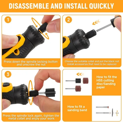 Vista 6 de Hoteche Mini kit de herramientas rotativas inalámbricas, batería de iones de litio de 5 velocidades de 8 V con 42 accesorios, herramienta giratoria