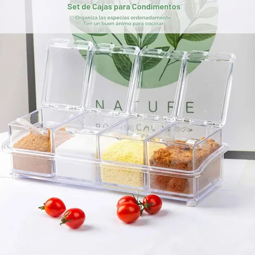Vista 5 de Caja de condimentos transparente, 8 piezas de condimentos para especias, contenedor de almacenamiento de plástico, tarros de condimentos con tapas