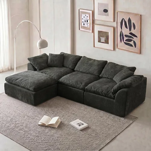 Vista 20 de Sofá modular de nube sin hueso de 110 pulgadas para sala de estar, sofá modular en forma de L de gran tamaño con otomana, sofá seccional de felpilla