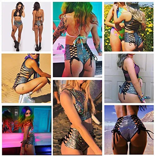 Vista 2 de RARITYUS Women Rave Holographic Bodysuit Mini Two Piece Hologram Metallic Silver for Dance Party Clubwear EDM Festival