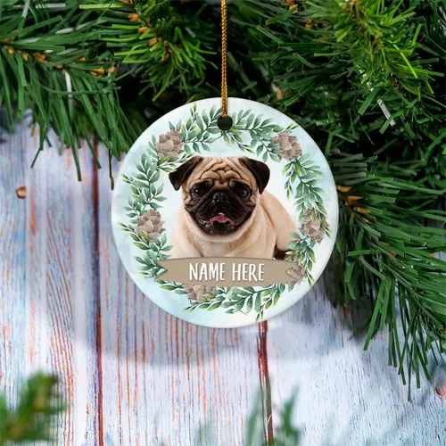 Vista 2 de Personalized Pug Lying Fawn Christmas Ornament - Custom Name Circle Ceramic Keepsake Gift for Dog Lovers