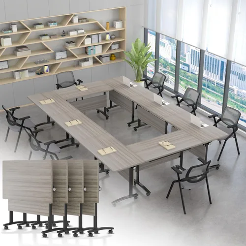 Vista 11 de Mesa de conferencia plegable con ruedas, mesa de entrenamiento abatible de W-nogal