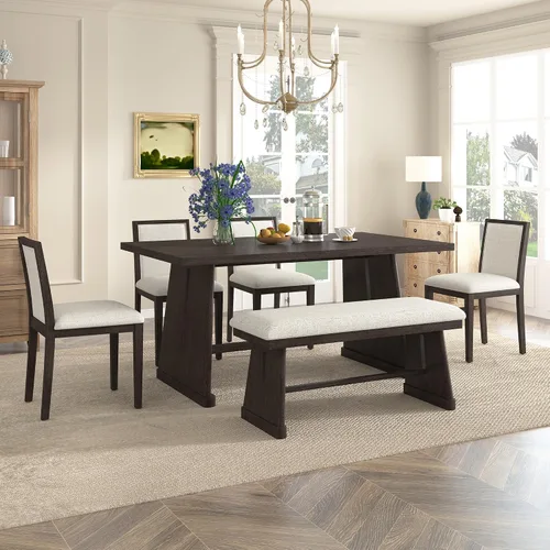 Vista 132 de Juego de mesa de comedor vintage de 6 piezas, juego de mesa de comedor de cocina de madera maciza con 4 sillas ergonómicas acolchadas y banco, mesa