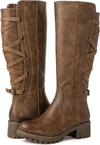 Vista 2 de GLOBALWIN Women's Strappy Motorcycle Knee High Boots, Wide Calf Riding Boots Back Lace Up Fall Winter Fashion Knee High Boots For Women