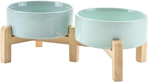 Vista 24 de SPUNKYJUNKY Cuencos elevados de cerámica para perros, 5.1 pulgadas, para comida de perros y gatos, cuencos elevados con soporte de bambú Verde oscuro