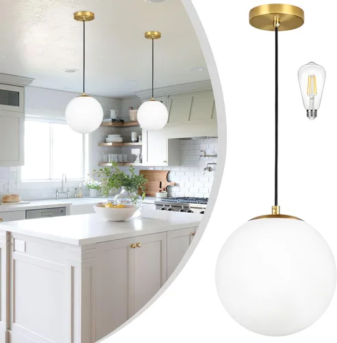 Vista 20 de KoKo&Yukina Luces colgantes modernas de globo de vidrio dorado de 6 pulgadas, paquete de 2 lámparas colgantes de vidrio transparente de mediados
