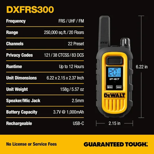 Vista 9 de DEWALT DXFRS300 FRS Walkie Talkies, radio de 2 vías de largo alcance, 1W, IP67 impermeable, paquete de 6 con 6 auriculares, cargador de banda