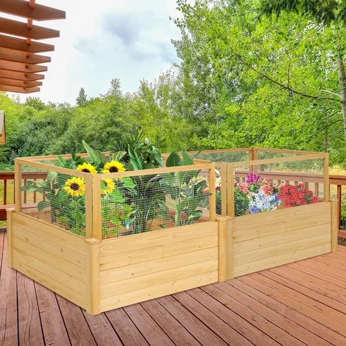 Vista 4 de Giantex Cama de jardín elevada con valla, maceta de madera elevada con valla de protección, contenedor de plantas de 9 rejillas, caja de plantas al