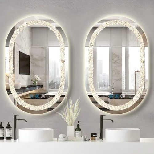 Vista 7 de Espejo de tocador ovalado de cristal con luces de 16 x 24 pulgadas, espejo iluminado ovalado de cristal para pared de baño, montaje 24 x 16 pulgadas