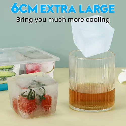 Vista 3 de Bandejas para cubitos de hielo, 2 unidades, moldes grandes de silicona para cubitos de hielo con tapa a prueba de fugas, marco de TPE transparente