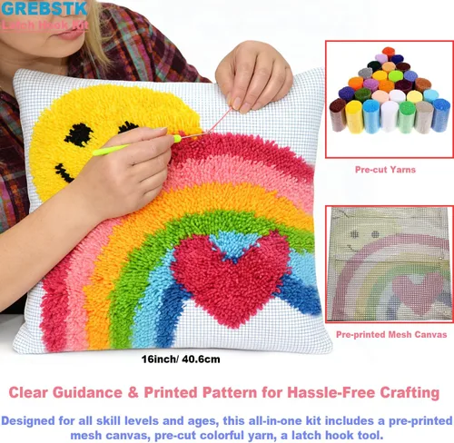 Vista 4 de GREBSTK Kit de gancho de pestillo DIY funda de almohada de sofá, cojín de sofá, patrón de sol y arcoíris, punto de cruz pintado, 16x16 pulgadas