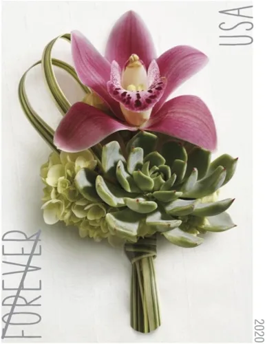 Vista 2 de USPS - Hoja de 20 sellos de boda Forever Postage con diseño de botonera contemporánea Scott 5457