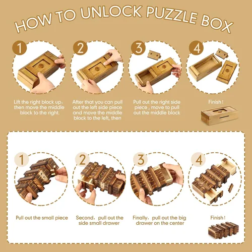 Vista 3 de Paquete de 5 cajas de rompecabezas, caja de madera de Navidad con compartimento de cerradura, cajas de rompecabezas de madera 3D, rompecabezas