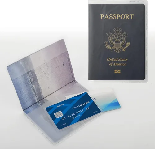 Vista 3 de Cosmos Funda de PVC translúcida para pasaporte, incluye 6 fundas para pasaporte y 12 fundas protectoras para tarjetas, cartera unisex impermeable