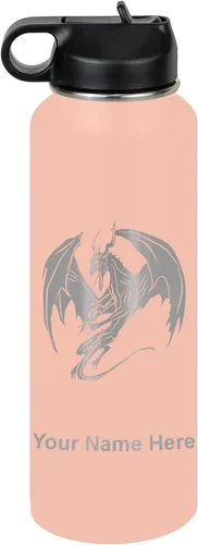 Vista 61 de LaserGram Botella de agua con tapa abatible de doble pared de 12 onzas con pajilla, dragón, grabado personalizado incluido (negro)
