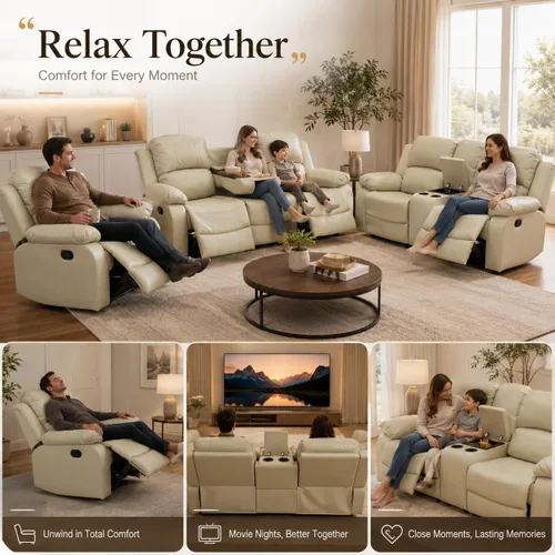 Vista 5 de Juego de sofá reclinable manual de 3 piezas, juego de muebles de sala de estar de tela beige con sofá reclinable de 3 asientos, sofá biplaza