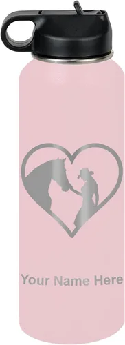 Vista 16 de LaserGram Botella de agua personalizada, corazón de vaquera de caballo, acero inoxidable de doble pared aislada al vacío con popote superior, regalo