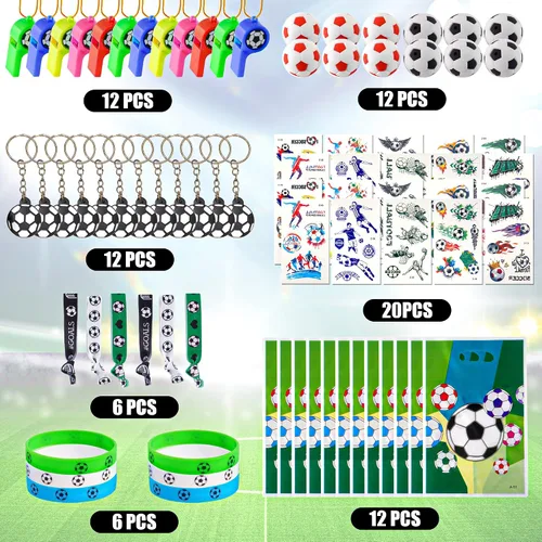 Vista 4 de Juego de suministros de fiesta de fútbol con 80 piezas temáticas de fútbol, decoraciones de fiesta de cumpleaños, calcomanías de juguete, borrador