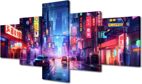 Vista 21 de Póster de 5 paneles en lienzo para decoración de pared, diseño de centro urbano Cyberpunk, impresión moderna, decoración de pared para el hogar