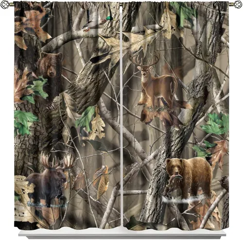 Vista 41 de Cortinas opacas de camuflaje de bosque, animales salvajes, osos, ciervos, alces, con bolsillo para barra, para sala de estar, dormitorio, decoración