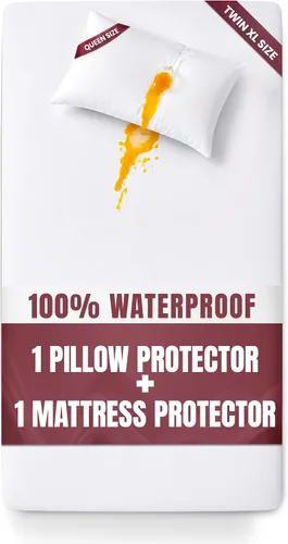 Vista 11 de Protector de colchón impermeable y funda de almohada, tamaño individual, incluye 1 protector de almohada con cremallera y 1 juego de funda
