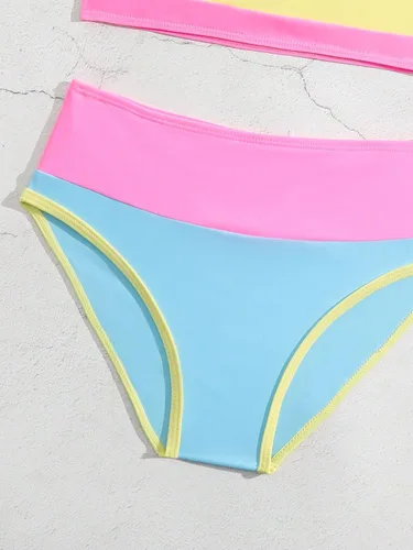 Vista 5 de Verdusa Conjunto de bikini de cintura alta con bloques de color para niña, 2 piezas, trajes de baño