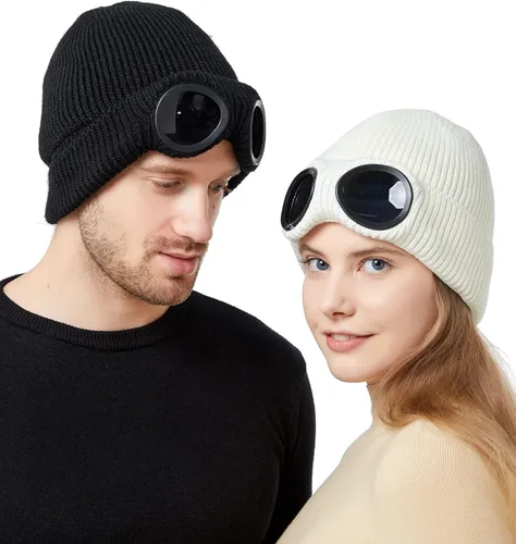 Vista 6 de JUQLQUJ Gorro con gafas para hombre y mujer, unisex, de punto de calavera lisa