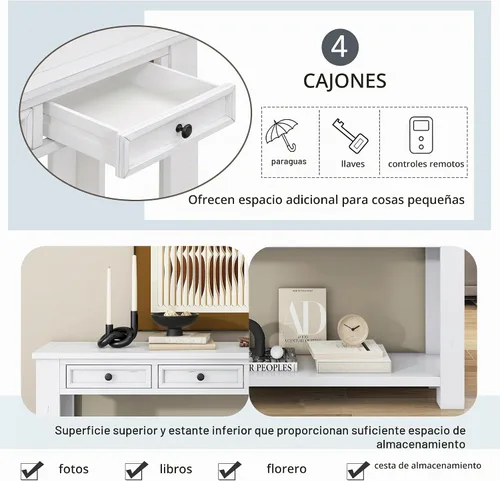 Vista 5 de LKTART - Mesa consola de 63 pulgadas para entrada, mesa de sofá de madera maciza con 4 cajones Blanco antiguo