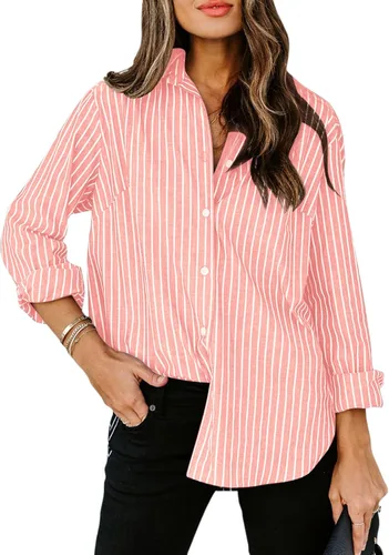 Vista 8 de Siliteelon - Camisas de botones para mujer, camisa de vestir a rayas de algodón, de manga larga, cuello con solapa, para oficina y trabajo