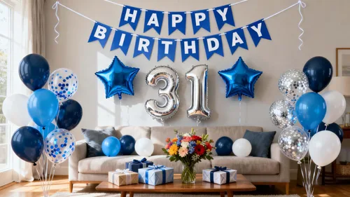 Vista 12 de Decoración de fiesta de cumpleaños número 30 para hombres, pancarta de feliz cumpleaños, color azul, plateado, número 30, globos de papel