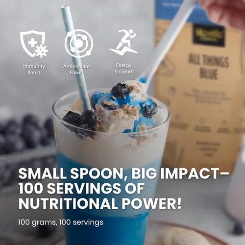 Vista 3 de Polvo de espirulina azul con flor de guisante mariposa y arándano, superalimento antioxidante 100% vegano para inmunidad, salud intestinal y apoyo