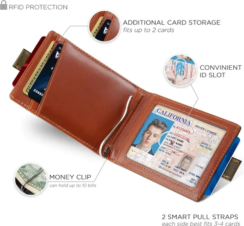Vista 3 de SERMAN BRANDS Cartera delgada con clip para dinero con bloqueo RFID, bolsillo frontal plegable de cuero, billetera minimalista para hombre con clip